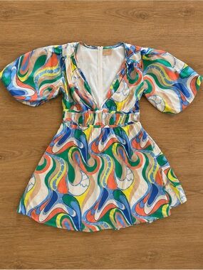 Sage & Paige V-Neck Multiwave Print Mini Dress in Bright Mix